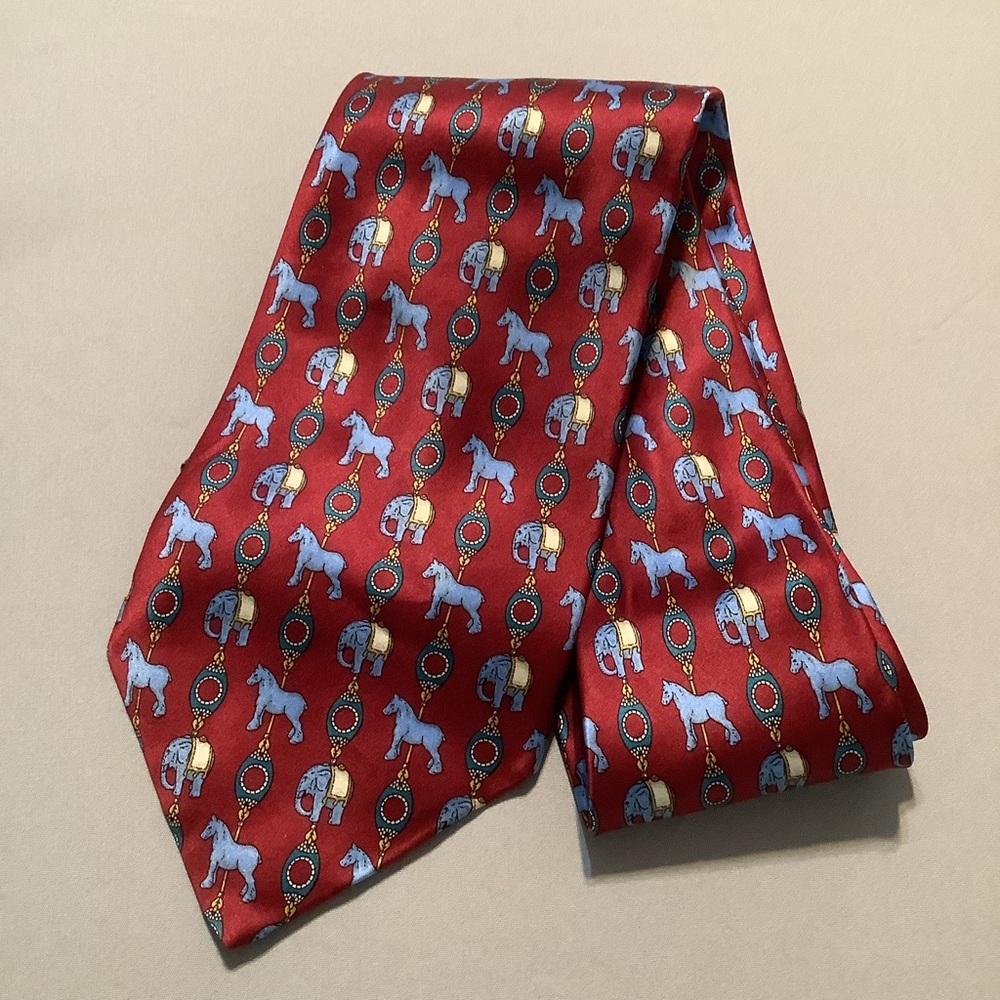 Faberge silk tie handmade in USA Maroon Green and Blue Horses and Elephants